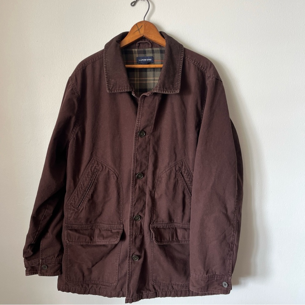 Lands End Men’s Chore Barn Coat Plaid Flannel Lined CL Canvas Brown Academia